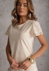 Beżowy T-shirt z Bawełny z Rękawami z Koronki Hycis. Brązowe t-shirty Renee, m, bez wzorów, z bawełny, bez kołnierzyka, bez ramiączek. Za 69.99 zł.