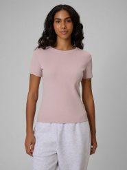 4F T-shirt slim prążkowany damski - różowy XS. Czerwone t-shirty 4f, xs, bez wzorów, z dzianiny, bez kołnierzyka, bez ramiączek. Za 49.99 zł.