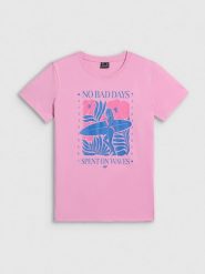 4F T-shirt regular z nadrukiem damski - różowy S. Czerwone t-shirty 4f, s, bez wzorów, z bawełny, bez kołnierzyka, bez ramiączek. Za 59.99 zł.