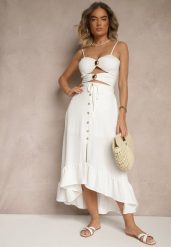 Biała Spódnica z Przedłużonym Tyłem Zdobiona Falbanami i Guzikami Maleira. Białe spódnice Renee, na co dzień, l, z aplikacjami, boho, midi, asymetryczne. Za 49.99 zł.
