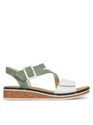Rieker Sandały V3660-52 Zielony. Zielone sandały Rieker, bez wzorów, z materiału, bez obcasa, na koturnie, bez zapięcia. Za 239.99 zł.