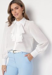 Biała Koszula z Wiskozy z Bawełną Ozdobiona Krawatem i Perełkami Isamira. Białe koszule Born2be, s, bez wzorów, z bawełny, eleganckie, bez kołnierzyka, bez ramiączek. Za 49.99 zł.