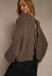 Jasnobrązowy Kardigan z Wełną o Kroju Oversize z Wiązanymi Kokardami Elearina. Brązowe kardigany Renee, bez wzorów, z jeansu. Za 149.99 zł.