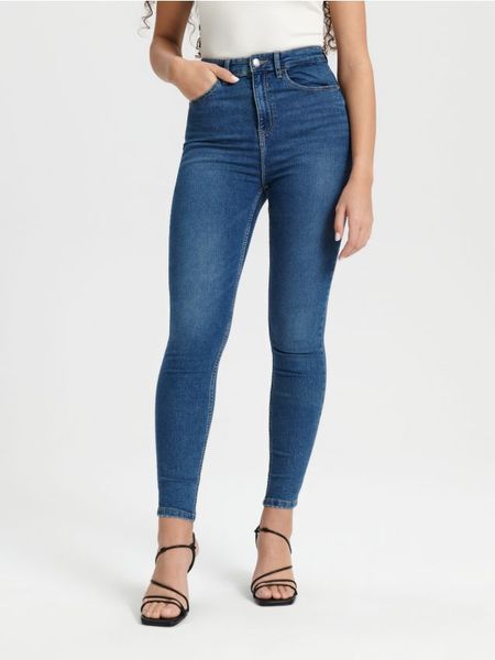 Jeansy super high waist skinny - granatowy. Niebieskie jeansy Sinsay, l, bez wzorów, z podwyższonym stanem. Za 59.99 zł.