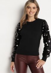 Czarny Sweter z Wiskozą o Klasycznym Kroju z Cekinowymi Rękawami Evandreth. Czarne swetry Born2be, bez wzorów, z jeansu, bez ramiączek. Za 119.99 zł.