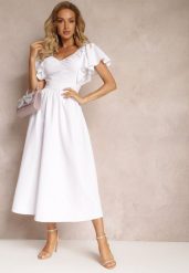 Biała Taliowana Sukienka Maxi z Falbanami Giftis. Białe sukienki Renee, na imprezę, l, z aplikacjami, bez kołnierzyka, bez ramiączek, maxi. Za 84.99 zł.