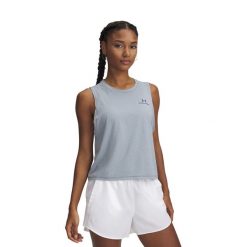 Top treningowy damski Under Armour Rush Energy Crop Tank. Szare koszulki sportowe Under Armour, bez wzorów, bez ramiączek. Za 99.99 zł.