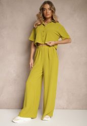 Zielony Komplet Spodnie o Szerokim Kroju i Koszula na Krótki Rękaw Tultebis. Zielone koszule Renee, l, bez wzorów, eleganckie, bez kołnierzyka, bez ramiączek. Za 64.99 zł.