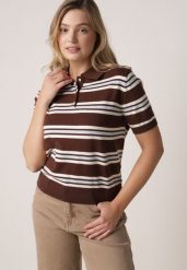 Brązowy T-shirt Typu Polo z Wiskozą Ozdobiony Guzikami i Paskami Esefia. Brązowe koszulki polo Born2be, m, bez wzorów, z jeansu, bez kołnierzyka, bez ramiączek. Za 119.99 zł.