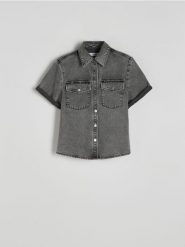Jeansowa koszula z efektem sprania - szary. Szare koszule Reserved, l, bez wzorów, z denimu, bez kołnierzyka, bez ramiączek. W wyprzedaży za 59.99 zł.