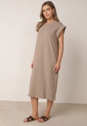 Ciemnobeżowa Sukienka Pudełkowa w Stylu T-shirtowym Zanisea. Brązowe sukienki Born2be, na co dzień, bez wzorów, z materiału, bez kołnierzyka, bez ramiączek, midi, dopasowane. Za 89.99 zł.