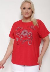 Czerwony Ażurowy T-shirt z Bawełną Ozdobiony Cyrkoniami Deviana. Czerwone t-shirty Born2be, xl, w ażurowe wzory, z bawełny, bez kołnierzyka, bez ramiączek. Za 34.99 zł.