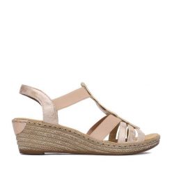 Sandały Rieker. Czerwone sandały Rieker, bez wzorów, bez obcasa, na koturnie, bez zapięcia. Za 319.99 zł.