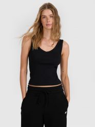 4F Top slim z prążkowanej dzianiny damski - czarny S. Czarne topy 4f, l, bez wzorów, z bawełny, bez kołnierzyka, bez ramiączek. Za 49.99 zł.