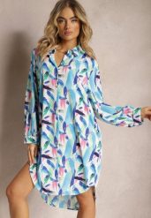 Niebieska Długa Koszula na Guziki z Geometrycznymi Wzorami Lakiria. Niebieskie koszule Renee, xxl, bez wzorów, z jeansu, eleganckie, bez kołnierzyka, bez ramiączek. Za 49.99 zł.