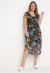 Czarno-Niebieska Sukienka Rozkloszowana Midi w Kwiatowy Print Nelettia. Czarne sukienki Born2be, do pracy, m, bez wzorów, biznesowe, bez kołnierzyka, bez ramiączek, midi, rozkloszowane. Za 64.99 zł.