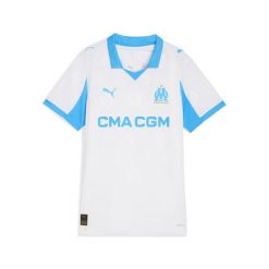 Damska koszulka domowa Olympique Marsylia 25/26 PUMA White Bleu Azur Blue. Białe bluzki Puma, w ażurowe wzory, klasyczne, bez kołnierzyka, bez ramiączek. Za 425.50 zł.