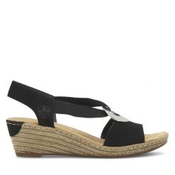 Sandały Rieker. Czarne sandały Rieker, bez wzorów, bez obcasa, na koturnie, bez zapięcia. Za 289.99 zł.