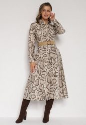 Beżowa Sukienka Koszulowa z Wiskozą Zdobiona Paskiem i Wzorem w Węża Delane. Brązowe sukienki Born2be, do pracy, l, z aplikacjami, z materiału, biznesowe, bez kołnierzyka, bez ramiączek, midi, koszulowe. Za 129.99 zł.