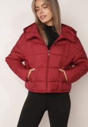 Bordowa Pikowana Kurtka na Sezon Przejściowy Puffer z Kapturem i Kołnierzem Alaile. Czerwone kurtki Born2be, l, bez wzorów, z dzianiny, z kapturem. Za 179.99 zł.
