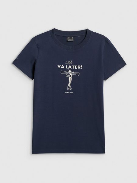 4F T-shirt regular z nadrukiem damski - granatowy XXL. Niebieskie t-shirty 4f, xxl, bez wzorów, bez kołnierzyka, bez ramiączek. Za 49.99 zł.