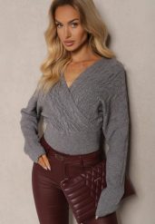 Szary Kopertowy Sweter z Domieszką Wiskozy z Nietoperzowymi Rękawami Patiara. Szare swetry Renee, bez wzorów, z jeansu, bez ramiączek. Za 79.99 zł.