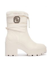 Guess Botki FLFYPP FAP10 Biały. Białe botki Guess, z aplikacjami, z materiału, bez obcasa, na słupku, bez zapięcia. Za 829.99 zł.