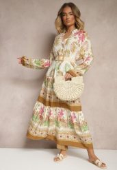 Beżowa Sukienka z Wiskozy Rozkloszowana w Print Boho Aedia. Brązowe sukienki Renee, na co dzień, l, z aplikacjami, z wiskozy, boho, bez kołnierzyka, bez ramiączek, maxi, rozkloszowane. Za 59.99 zł.