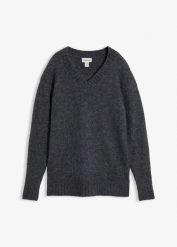 Sweter z domieszką wełny. Szare swetry bonprix, bez wzorów, z wełny, bez ramiączek. Za 129.99 zł.