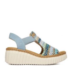 Sandały Rieker. Niebieskie sandały Rieker, bez wzorów, bez obcasa, na koturnie, bez zapięcia. Za 329.99 zł.