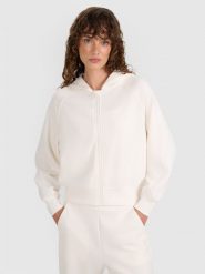 4F Bluza dresowa rozpinana z modalem damska - biała S. Białe bluzy 4f, s, bez wzorów, z dresówki, z kapturem. Za 229.99 zł.