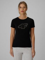 4F T-shirt slim z nadrukiem damski - czarny XS. Czarne t-shirty 4f, xs, bez wzorów, z bawełny, bez kołnierzyka, bez ramiączek. Za 69.99 zł.
