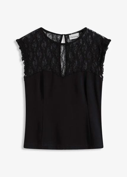 Top z koronką. Czarne topy bonprix, bez wzorów, z koronki, bez kołnierzyka, bez ramiączek. Za 79.99 zł.