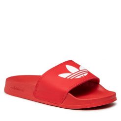 Klapki adidas. Czerwone klapki Adidas, bez wzorów, bez obcasa. Za 99.99 zł.