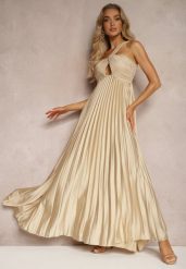 Beżowa Asymetryczna Sukienka Plisowana na Jedno Ramię z Gumką w Talii Elashay. Brązowe sukienki Renee, bez wzorów, z materiału, eleganckie, z asymetrycznym kołnierzem, bez ramiączek, maxi, asymetryczne. Za 109.99 zł.