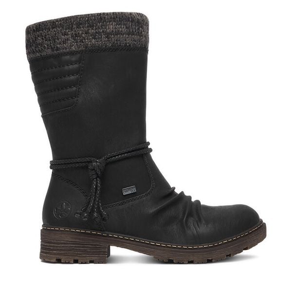Kozaki Rieker. Czarne kozaki Rieker, bez obcasa, na płaskiej podeszwie, bez zapięcia. Za 429.99 zł.