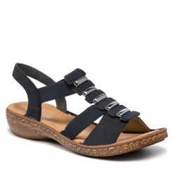 Sandały Rieker. Niebieskie sandały Rieker, bez wzorów, bez obcasa, na płaskiej podeszwie, bez zapięcia. Za 239.99 zł.