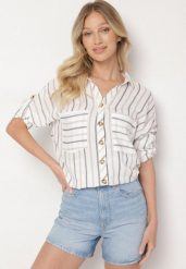 Beżowo-Szara Bawełniana Koszula Oversize w Paski Filalira. Brązowe koszule Born2be, m, bez wzorów, z bawełny, eleganckie, bez kołnierzyka, bez ramiączek. Za 79.99 zł.