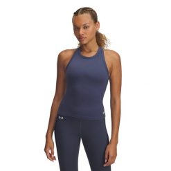 Top treningowy damski Under Armour Motion High Neck Tank. Szare koszulki sportowe Under Armour, s, bez wzorów, bez kołnierzyka, bez ramiączek. Za 119.99 zł.
