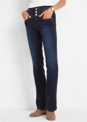 Modelujące jeansy, krój bootcut, high waist. Niebieskie jeansy bonprix, bez wzorów, z podwyższonym stanem. Za 199.99 zł.