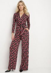 Bordowo-Czarny Wzorzysty Kombinezon Kopertowy z Wiskozą z Szerokimi Nogawkami i Paskiem Aotavia. Czerwone sukienki Born2be, na co dzień, m, bez wzorów, z materiału, bez kołnierzyka, bez ramiączek, kopertowe. Za 79.99 zł.