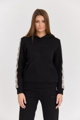 GUESS Czarna damska bluza Carla Hooded, Rozmiar L. Czarne bluzy sportowe Guess, l, z aplikacjami, z bawełny, bez kaptura. W wyprzedaży za 279.99 zł.