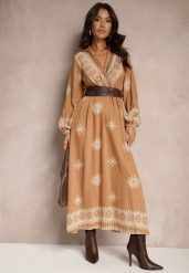 Beżowa Wzorzysta Sukienka z Wiskozą o Kopertowym Kroju z Gumką i Paskiem Zinalise. Brązowe sukienki Renee, na spotkanie biznesowe, l, bez wzorów, z wiskozy, eleganckie, bez kołnierzyka, bez ramiączek, maxi, dopasowane. Za 99.99 zł.