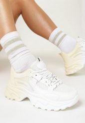 Biało-Beżowe Sneakersy Ombre na Płaskiej Podeszwie ze Żłobieniami Jofiello. Białe obuwie sportowe Born2be, na jesień, przed kostkę, bez zapięcia. Za 99.99 zł.