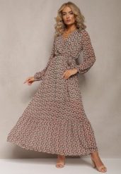 Zielono-Czerwona Sukienka Kopertowa z Falbanką i Wiązanym Paskiem Gjerana. Zielone sukienki Renee, na spacer, l, bez wzorów, eleganckie, bez kołnierzyka, bez ramiączek, maxi, kopertowe. Za 109.99 zł.