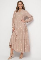 Beżowa Sukienka z Wiskozy o Rozkloszowanym Kroju z Ozdobnym Haftem Nalariel. Brązowe sukienki Born2be, l, z aplikacjami, z jeansu, eleganckie, bez kołnierzyka, bez ramiączek, maxi, rozkloszowane. Za 139.99 zł.