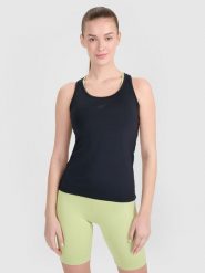 4F Top treningowy slim szybkoschnący damski - czarny L. Czarne topy 4f, l, bez wzorów, bez kołnierzyka, bez ramiączek. Za 69.99 zł.