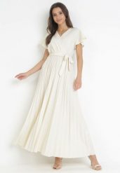 Jasnobeżowa Elegancka Sukienka Maxi w Plisy z Kopertowym Dekoltem i Wiązaniem Thessi. Brązowe sukienki Born2be, na lato, m, bez wzorów, eleganckie, bez kołnierzyka, bez ramiączek, maxi, kopertowe. Za 69.99 zł.