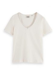 Scotch & Soda Koszulka w kolorze kremowym rozmiar: XS. Brązowe bluzki Scotch & Soda, xs, z aplikacjami, z bawełny, bez kołnierzyka, bez ramiączek. Za 57.20 zł.