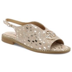 Sandały damskie S. Barski, eleganckie we wzorki skórzane na płaskim obcasie, złote, KV51-094. Żółte sandały S.BARSKI, z aplikacjami, eleganckie, bez obcasa, na płaskiej podeszwie, bez zapięcia. Za 149.00 zł.